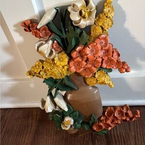 Vintage Floral Wall Hanging Plaque Vase Orange, Yellow & Cream